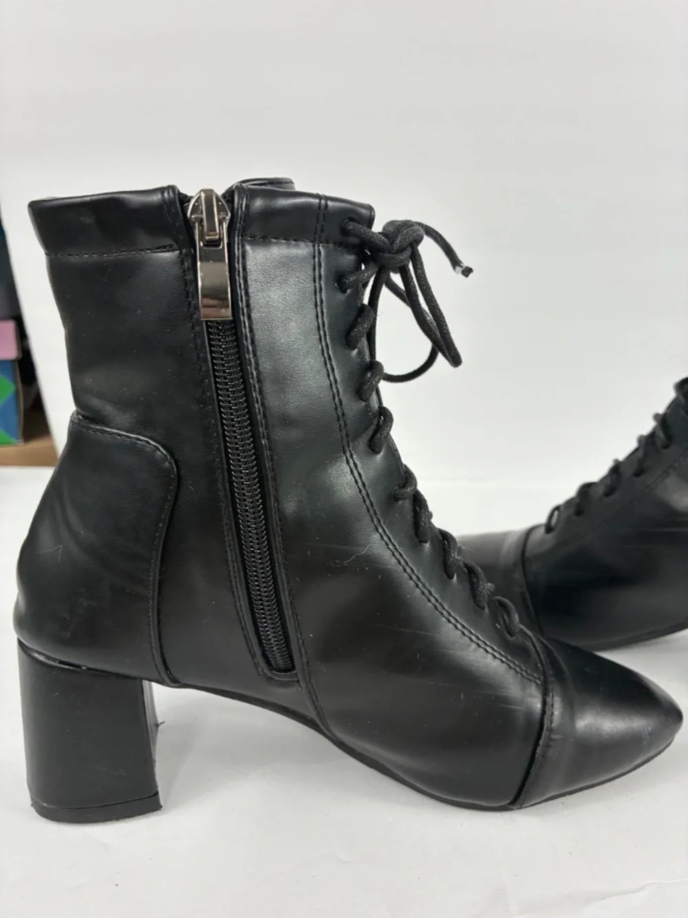 Witchy Lace-up Witch Boots Black Square Toe Fitted Ankle Smooth Vegan Leather